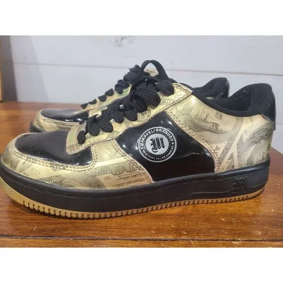 90s Tupac Shakur Makaveli Branded Sneakers Gold Money Hundred Dollar Size 5.5 - Picture 1 of 8